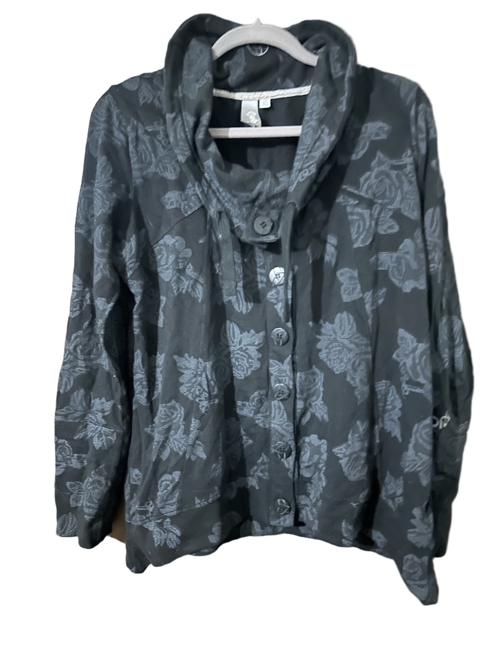 Orb Black & Charcoal Floral Rose Button Front Cowl Neck Sweater Jacket Sz Large